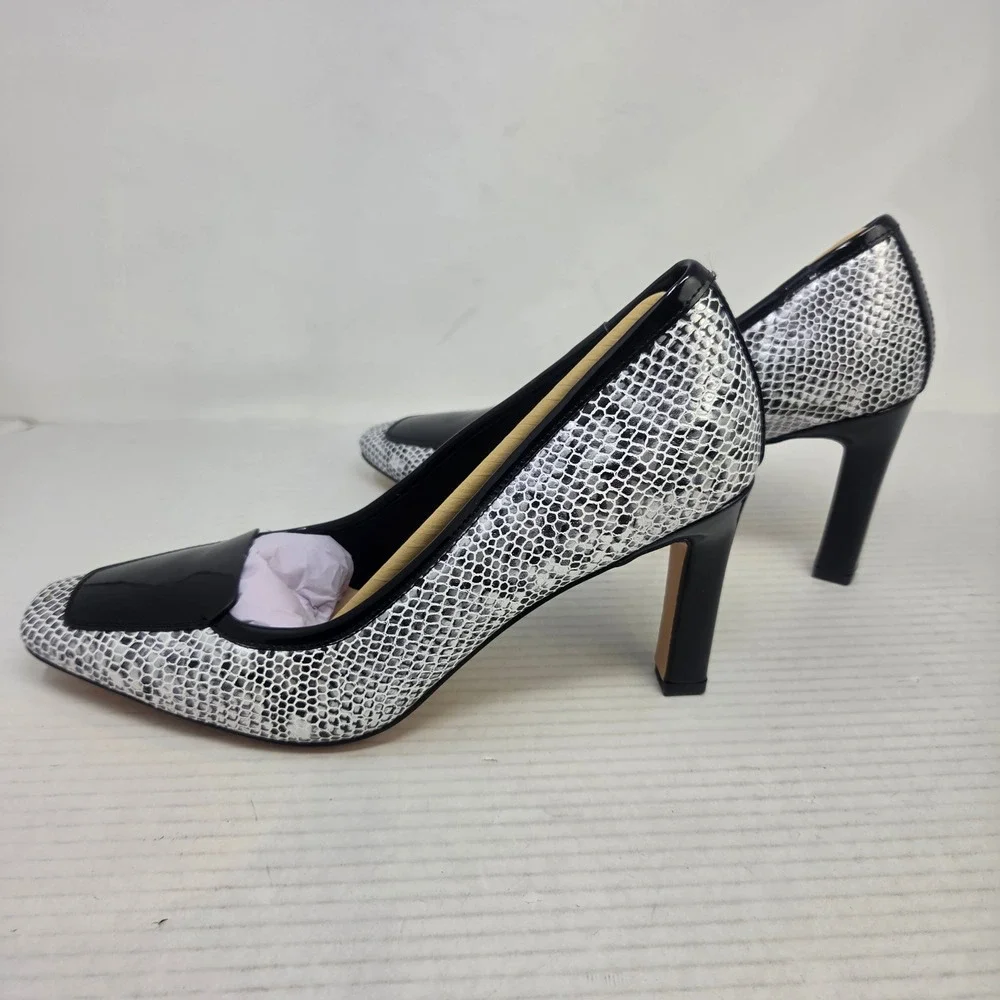 Clmhoe Pumps Women 10M Silver Snakeskin Patent Square Toe Block Heel Chic 10M